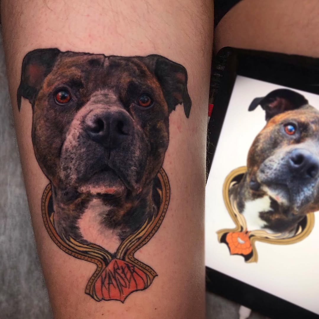 Dog portrait tattoo on leg featuring a brown and black dog's head with striking red eyes and a decorative red and gold collar beneath.
