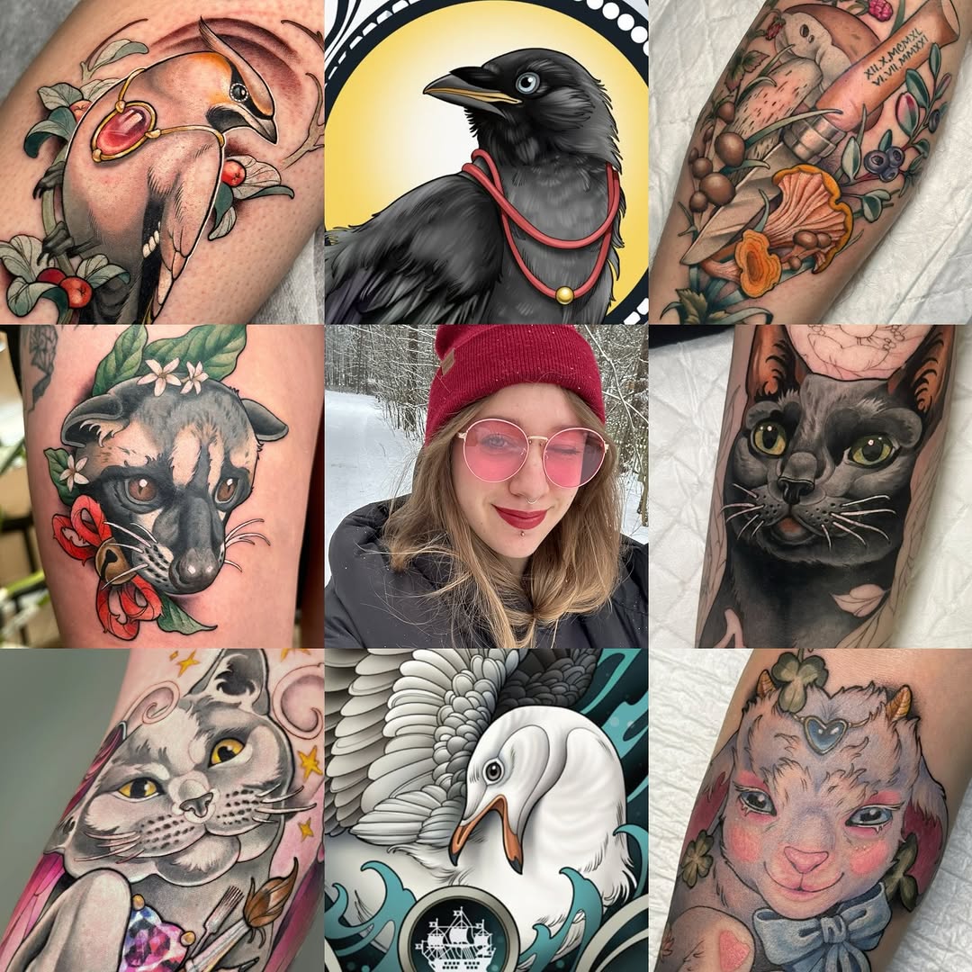 Tattoo artist portfolio featuring nine animal and creature designs including birds, cats, and mythical figures with flowers and decorative elements in various colors on skin.