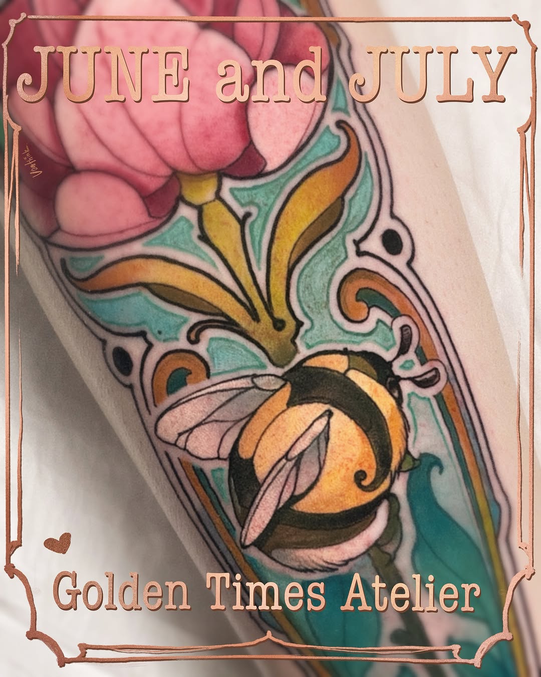Colorful bee and floral tattoo on an arm featuring pink flowers, yellow and teal decorative elements, and ornamental details in gold-outlined frame.