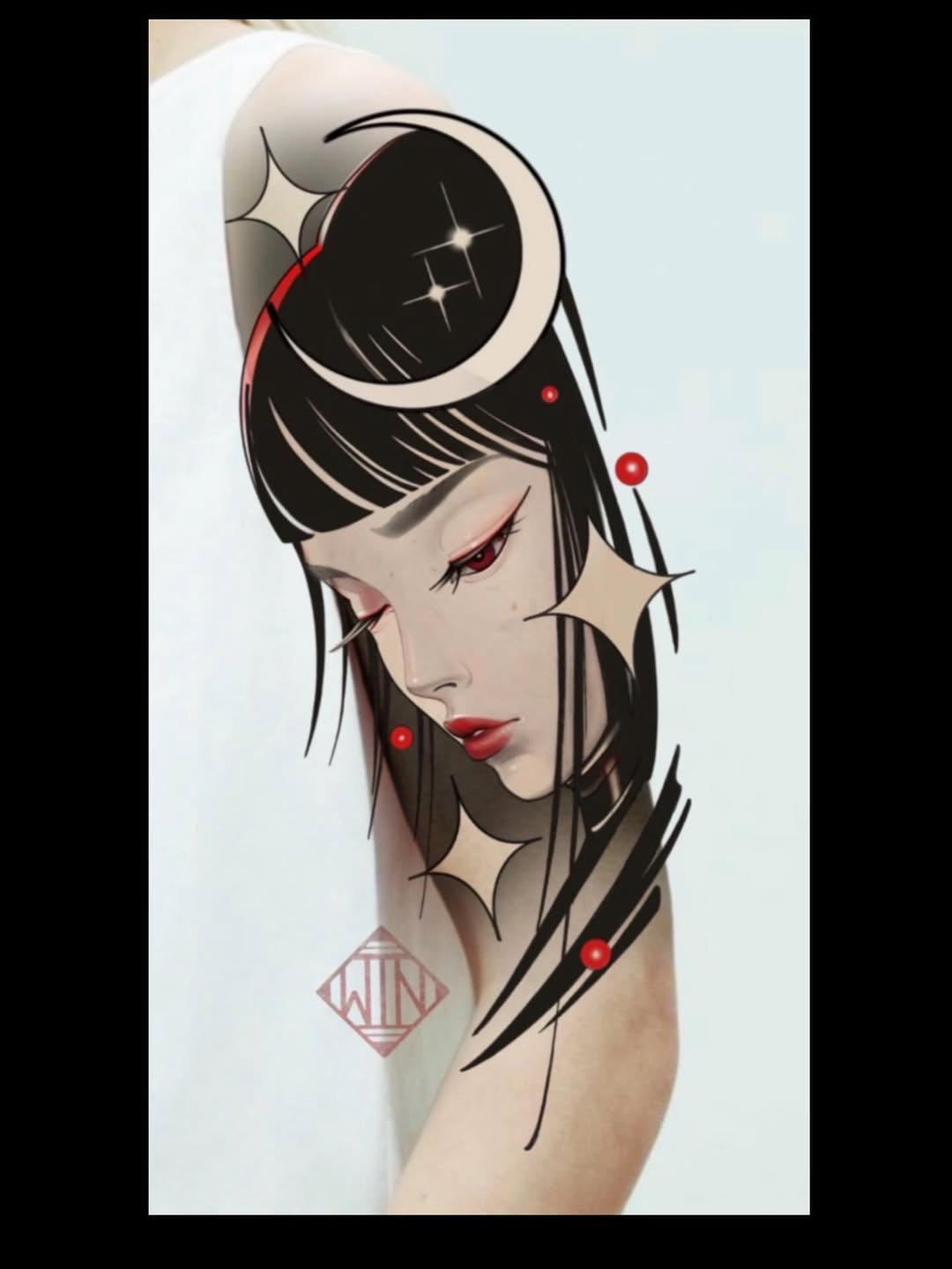 Portrait tattoo of a woman's face and neck with black hair, pale skin, red lips and eyes, red spherical ornaments, displayed on upper arm placement.