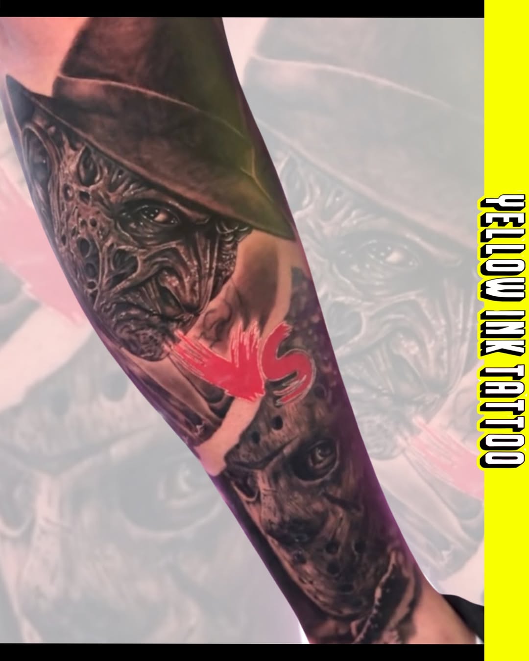Detailed portrait tattoo on forearm featuring a horned demonic face in dark tones with red brushstroke accent across the chest area.