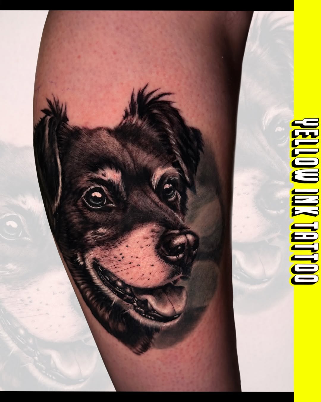 Portrait tattoo of a black and tan dog's head with detailed eyes and fur texture on the upper arm in black ink.