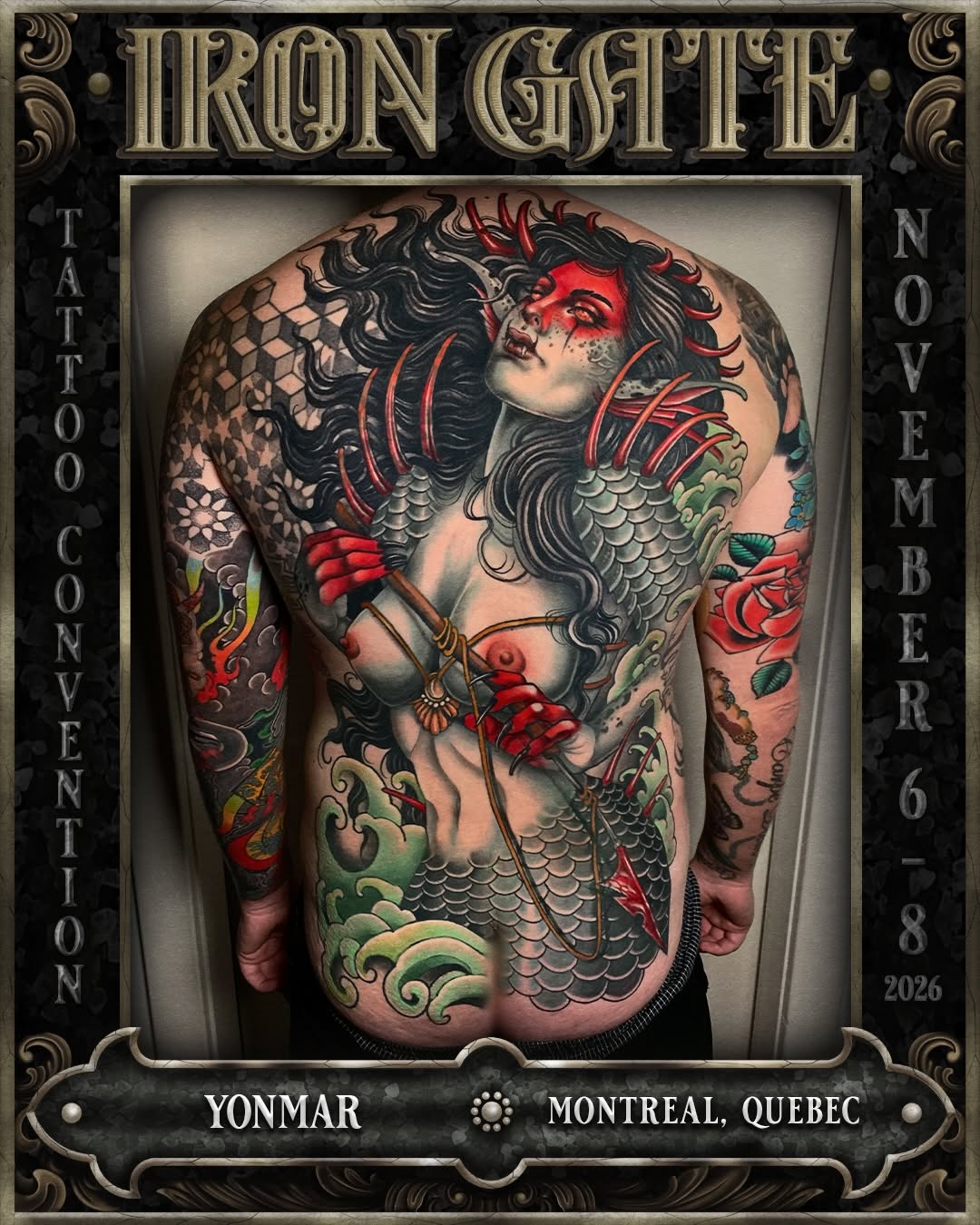 Back piece tattoo featuring a female figure with red skin and black hair, surrounded by red roses, green scales, and decorative patterns in red, green, and black ink.
