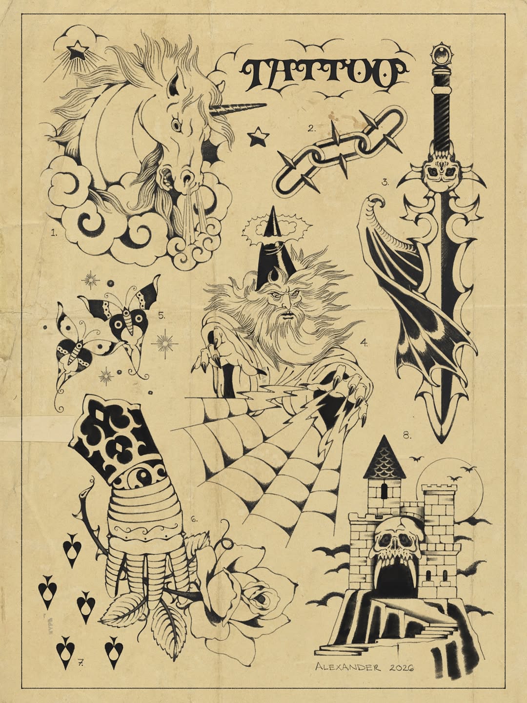 Vintage flash sheet titled "Tattoo" featuring eight designs including a unicorn, sword, wizard, castle, and ornamental elements in black ink on aged paper.