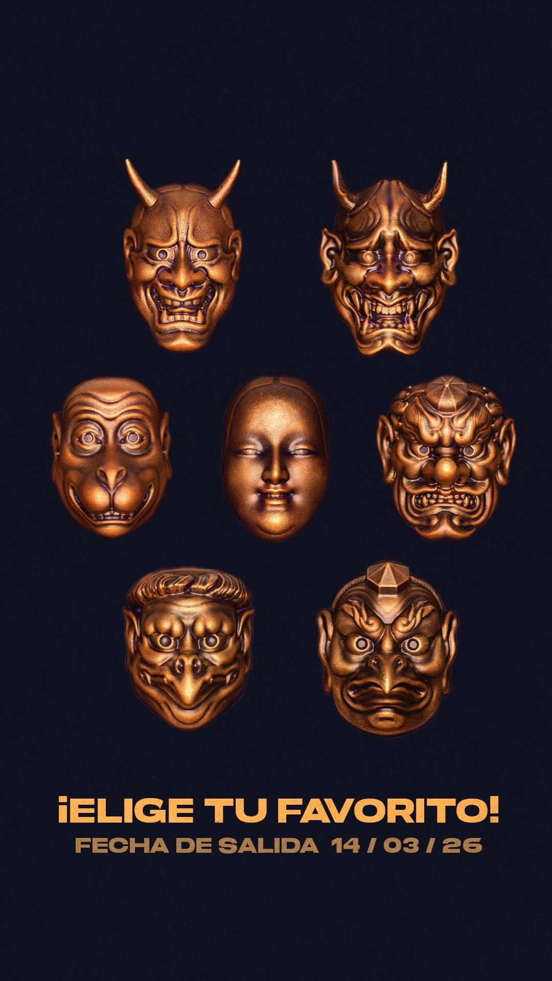 Seven bronze demon and oni masks displayed against a dark background with Spanish text advertising a release date of March 14, 2026.