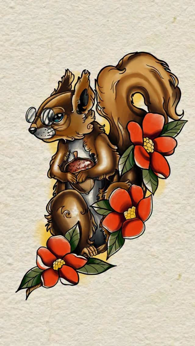 Brown squirrel holding a pinecone with red flowers and green leaves arranged vertically on cream-colored skin.